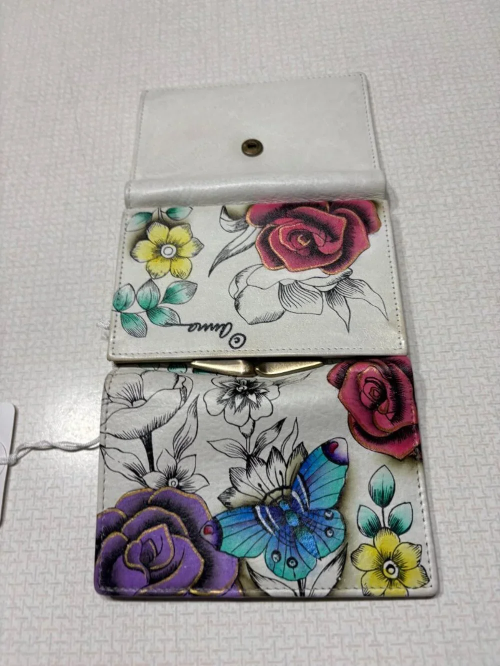 NWT Anna By Anuschka Trifold Wallet in Cream color with Red, Blue % Purple